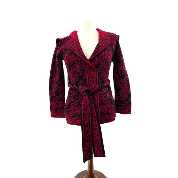 Neve Womens Hooded Knit Sweater Jacket With Belt - Size Small Red & Black Floral - Picture 1 of 11